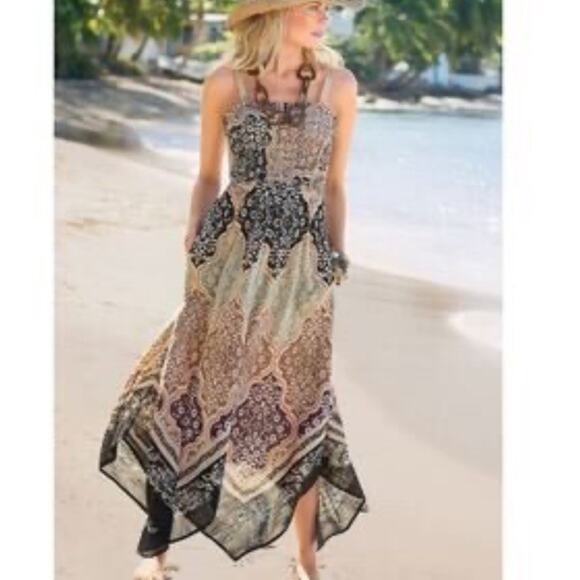 Soft Surroundings Dresses & Skirts - Soft Surroundings Midi Knit Smocked Dress Petite XL Asymmetrical Hem Multicolor